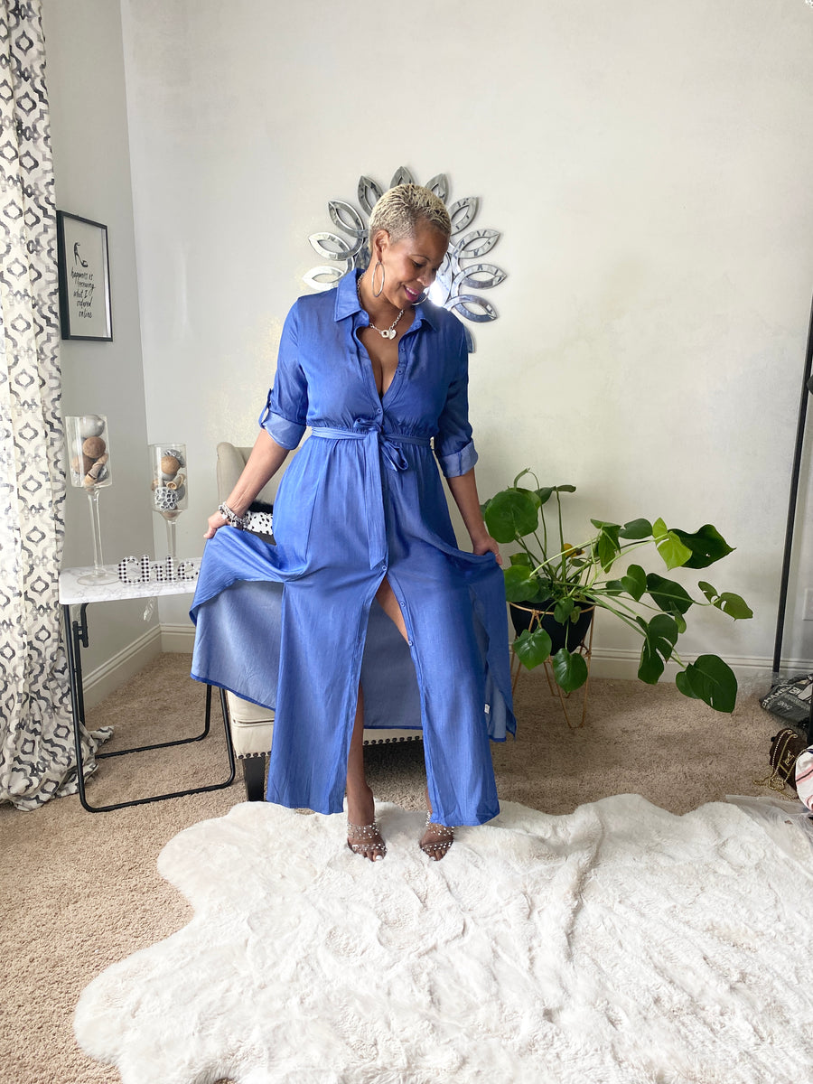 Long Denim Look High Side Split Maxi Dress