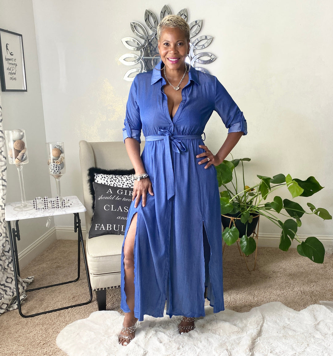 Long Denim Look High Side Split Maxi Dress – Glam Essentials