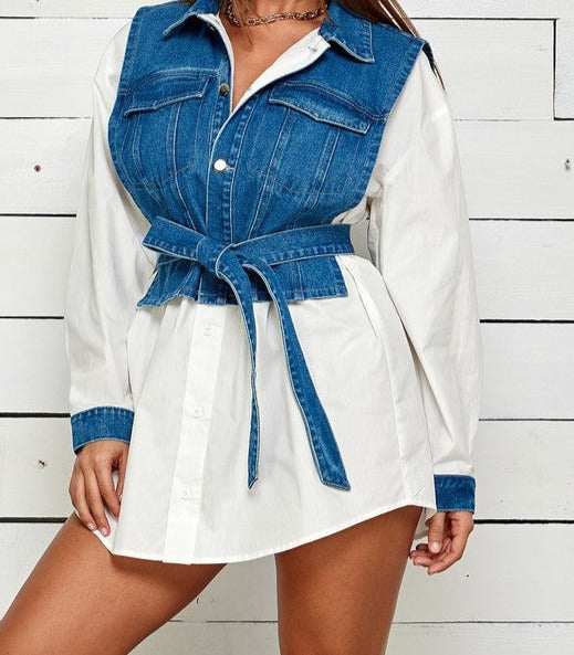 Denim Vest Shirt Mini Dress Long Sleeve Denim Vest Shirt Mini Dress Long Sleeve